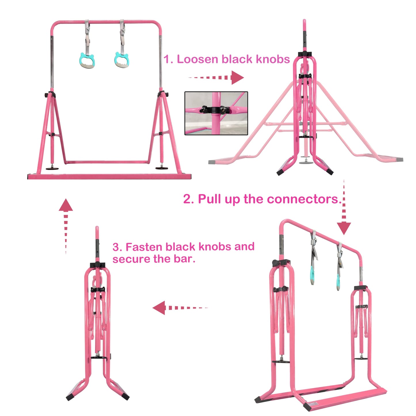 PreGymnastic Updated Folding Gymnastics Bar with Rings, Foldable Kip Bar with Sturdier Base, Gymnasitc Training Bar for Kids Ages 3-10, Gymnastic Horizontal Bars, Home Gym Equipment for Boys Girls