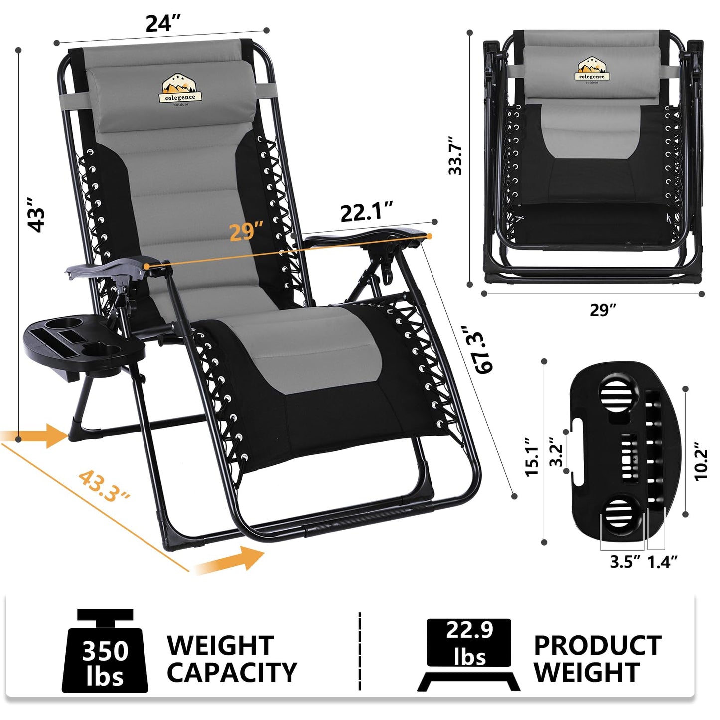 Colegence Oversized Padded Zero Gravity Lounge Chair, Foldable Patio Anti Gravity Reclining Chairs Folding Lawn Recliner with Cup Holder for Yard, Camping, Outdoor, Support 350 LBS, Black