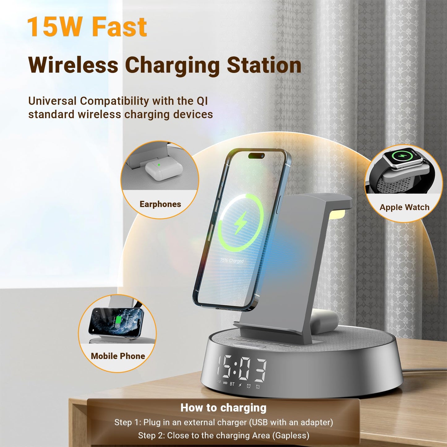 Alarm Clock Charging Station for Bedrooms, Wireless Charging Station with Dimmable Night Light Bluetooth Speaker, Mag-Safe Charger for iPhone 16 15 14 13 12 Pro Max, Apple Watch, AirPods Pro