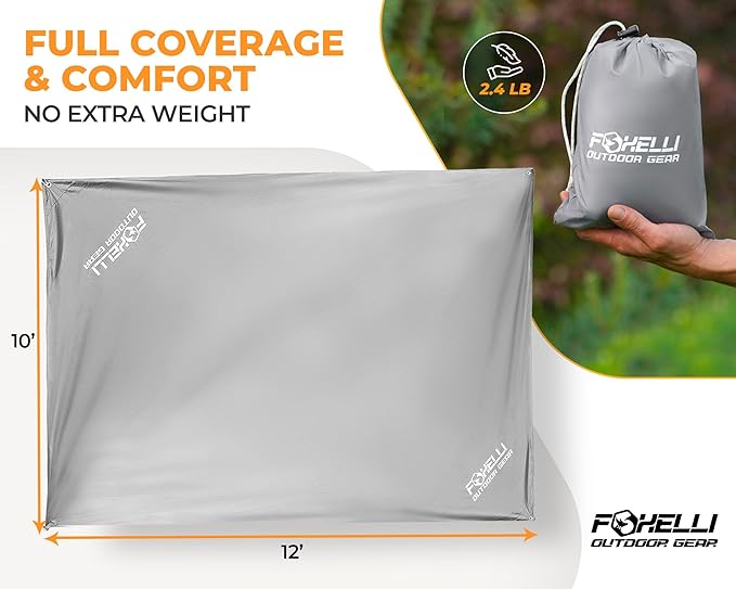 Foxelli Hammock Rain Fly - Waterproof Lightweight Tent & Hammock Rain Tarp for Camping, Backpacking w/Easy Setup Including Extra Long Guy Lines & Stakes