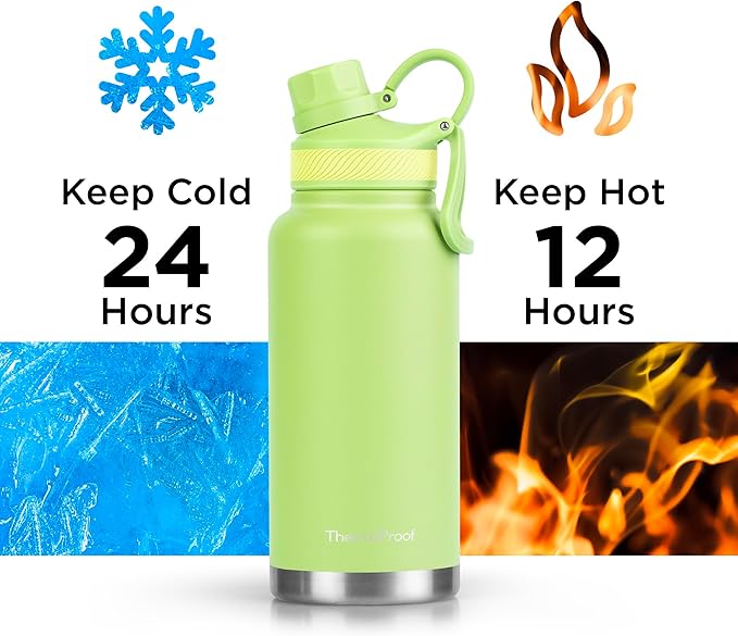 ThermoProof Double-Walled Vacuum Insulated Stainless Steel Water Bottle - Wide Mouth Canteen with Spout & Straw Lids, Dishwasher Safe, Reusable, Leakproof, BPA-Free - 32oz, Fresh Mint