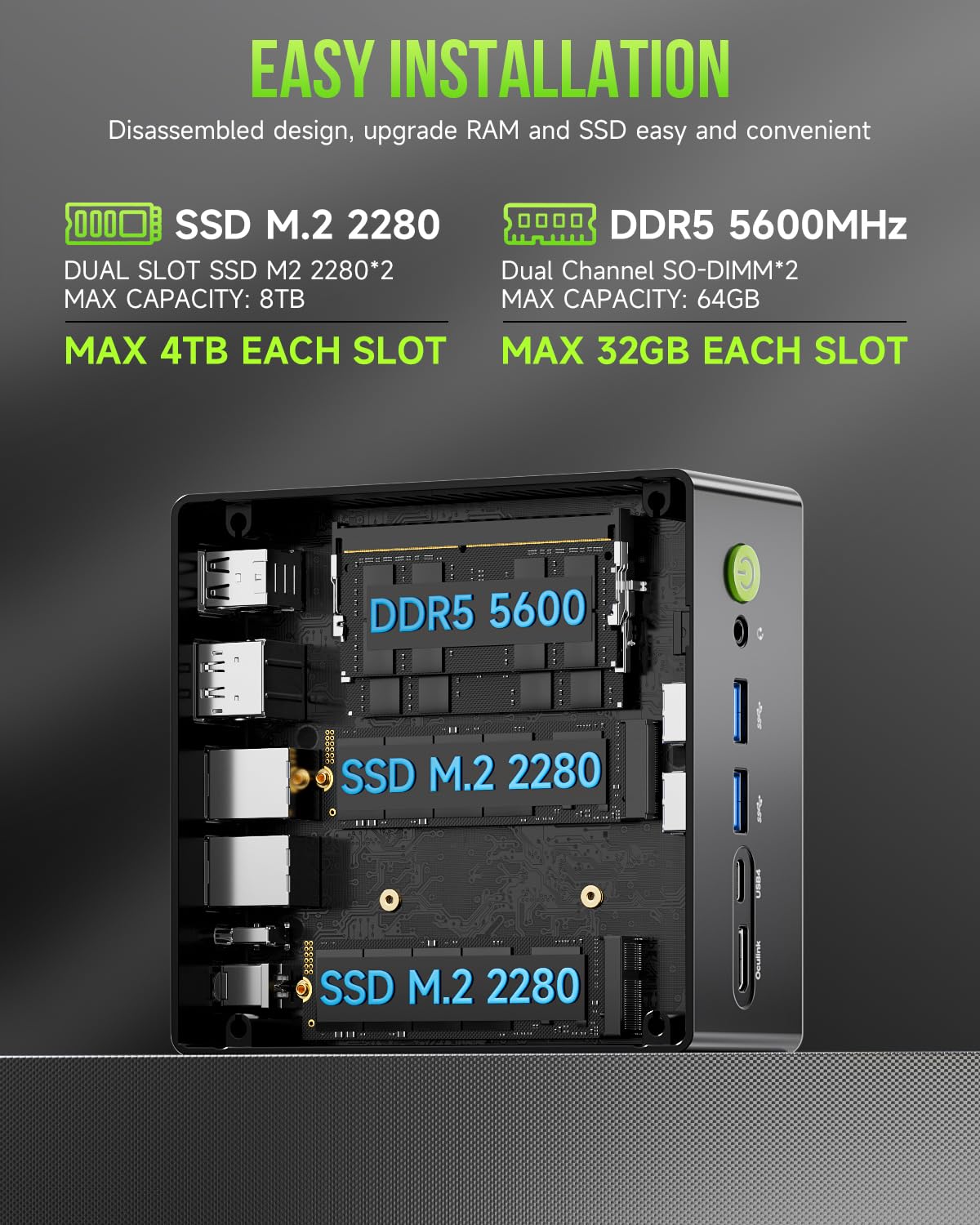 GMKtec Gaming PC, K11 AMD Ryzen 9 8945HS(8C/16T, Up to 5.2GHz), 32GB DDR5 RAM 1TB Mini PC Desktop Computer, Oculink, Dual NIC 2.5GbE LAN, HDMI/DisplayPort/USB4*2