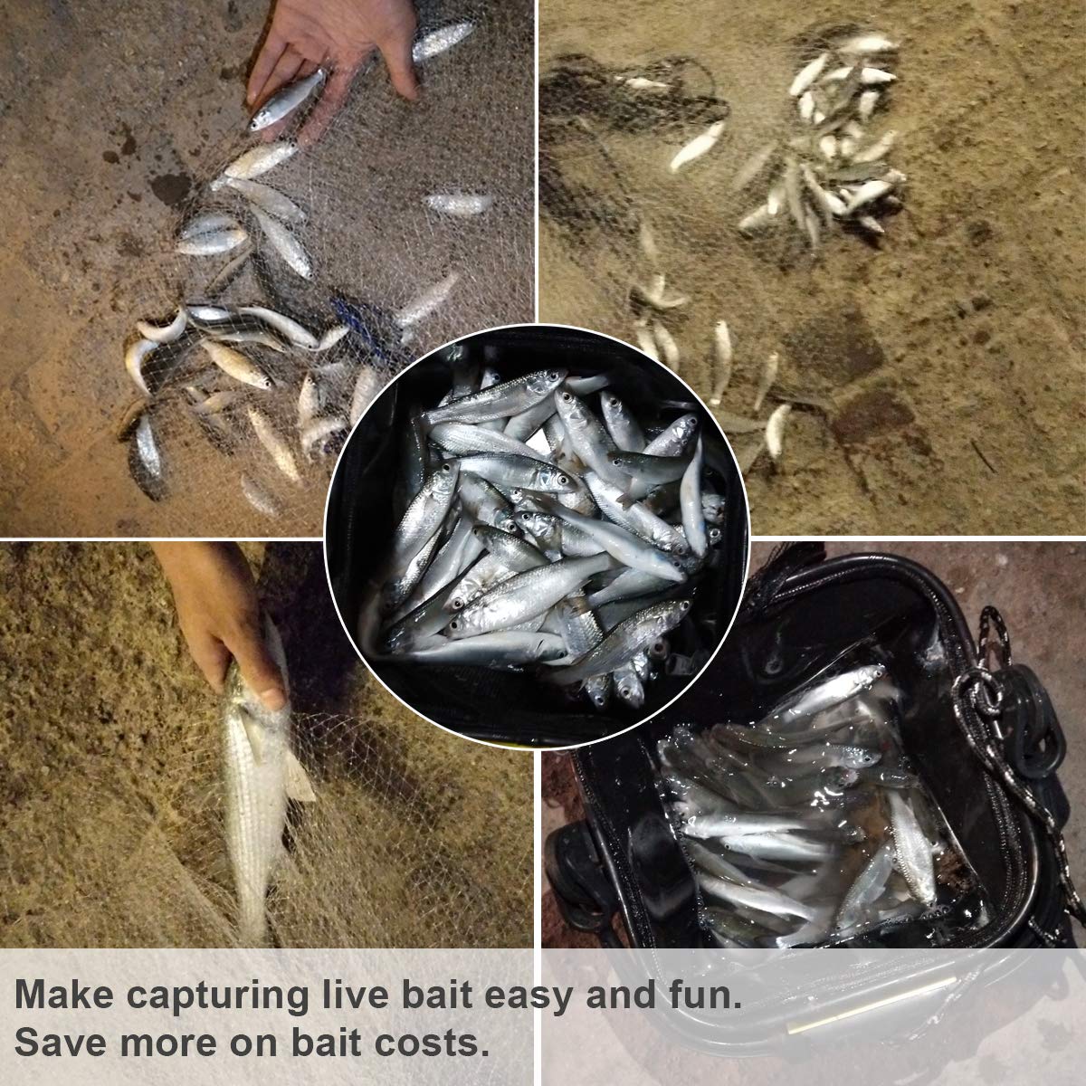 Drasry Saltwater Fishing Cast Net for Bait Trap with Heavy Sinkers Fish Throw Net. Size 3ft/4ft/5ft/6ft/7ft/8ft/9ft Radius Freshwater (Monofilament Lines Cast Net(3/8 Inch Mesh), 3FT(90cm) Radius)