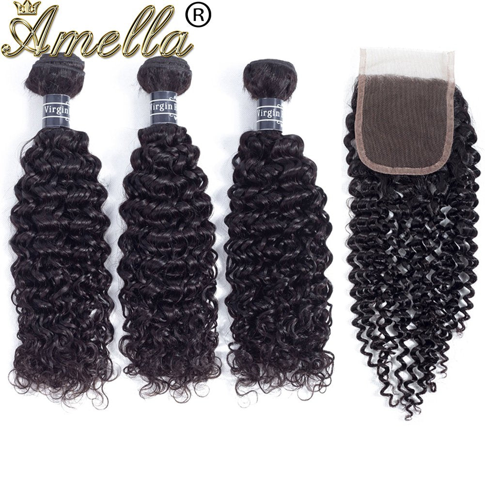 Amella Hair Brazilian Virgin Curly Hair Weave 3 Bundles with Lace Closure Free Part 4x4 8A 100% Unprocessed Brazilian Kinky Curly Hair Weave Bundles Natural Black Color (16 18 20+14inch)