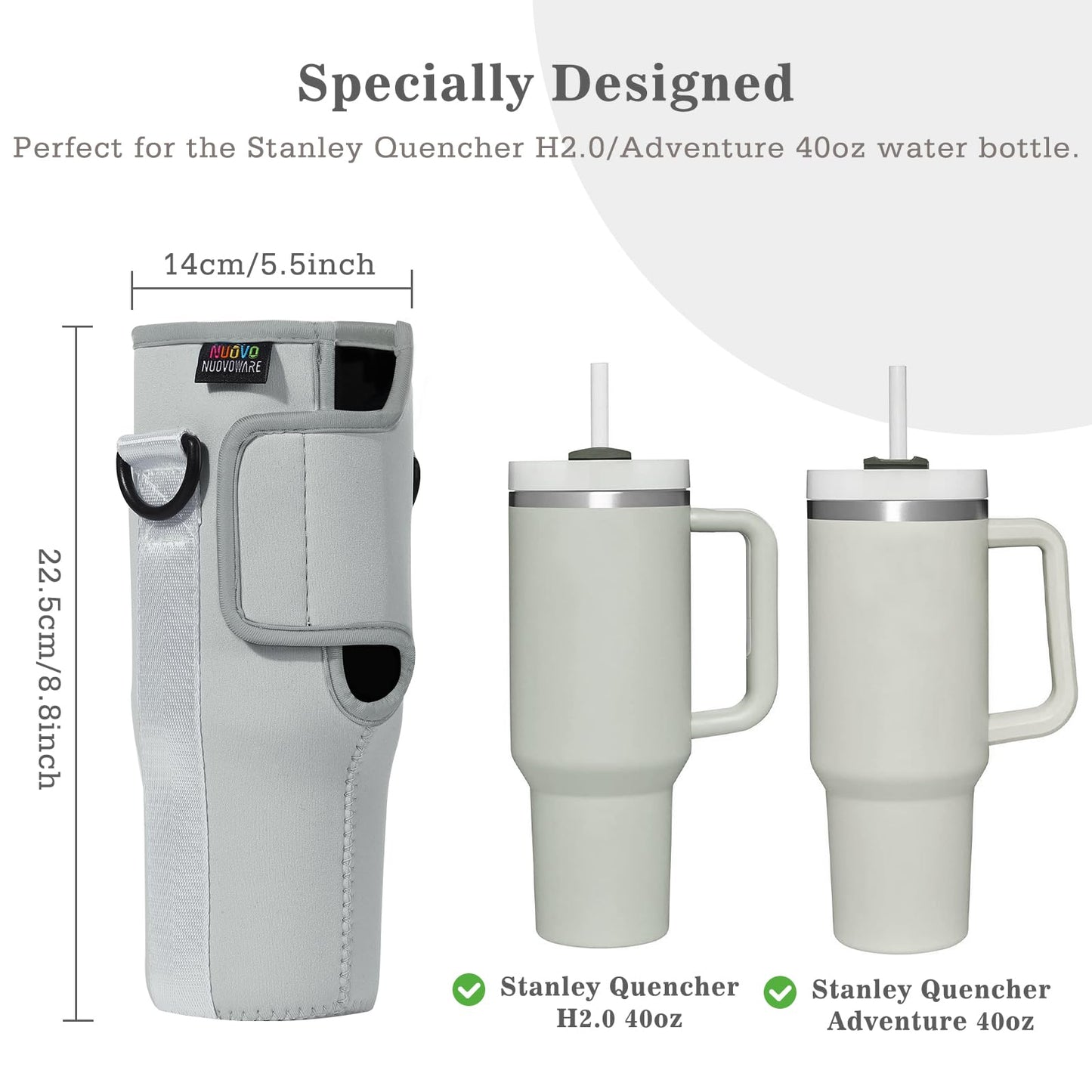 Nuovoware Water Bottle Carrier Bag Fits Stanley 40 Oz Tumbler with Handle, Water Bottle Bag with Adjustable Shoulder Strap, Neoprene Water Bottle Holder for Stanley Water Bottle Accessories, Gray