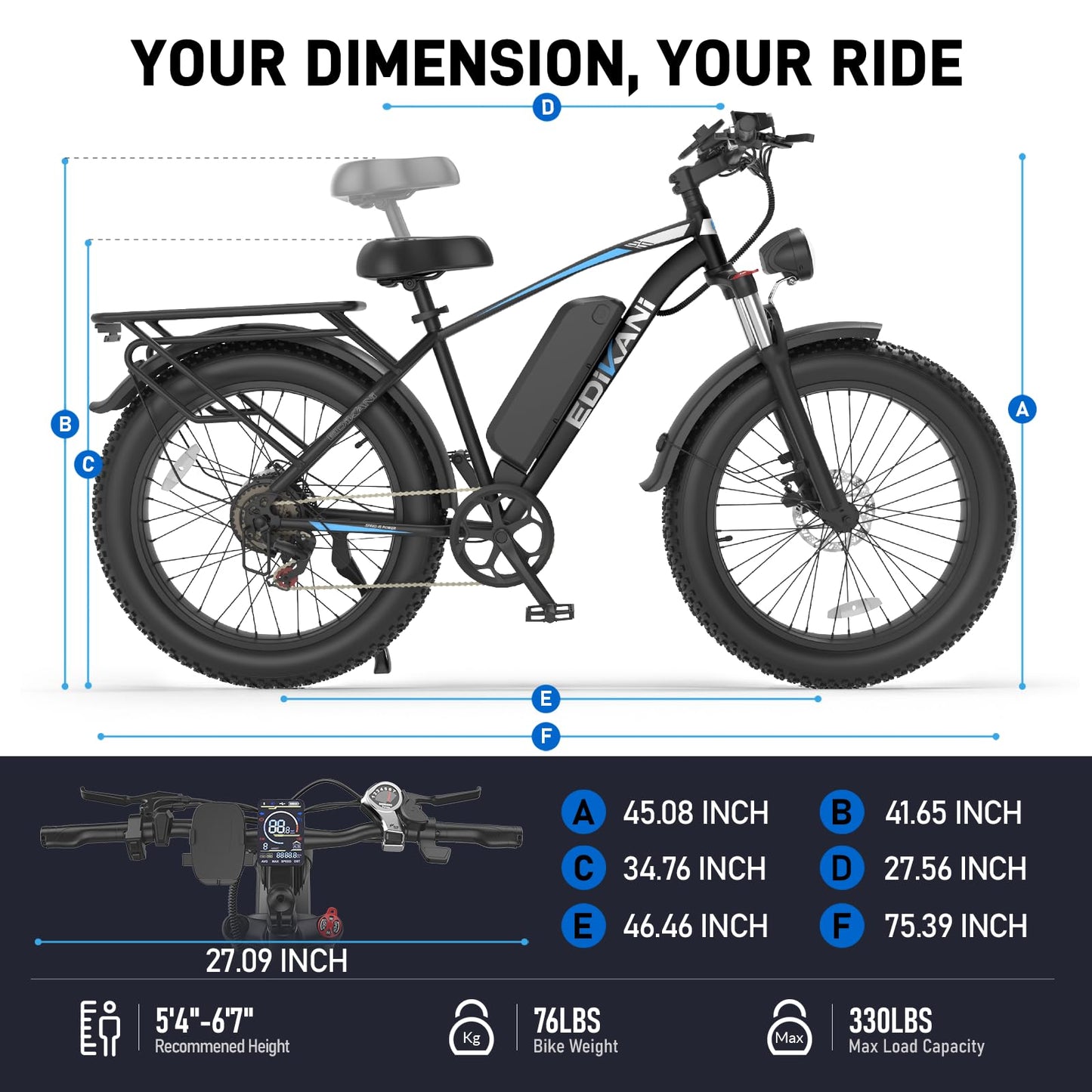EDIKANI 26" Electric Bike for Adults, 90 Miles 34MPH Fast E Bike for Commuter, Peak 1500W Fat Tire Ebike for Adults Electric with 48V 18AH Removable Battery (Standard, Black Blue)