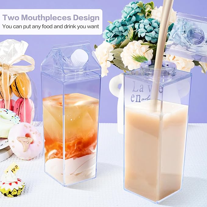KALYLOC 8Pcs Milk Carton Water Bottle, 34Oz Clear Plastic Square Milk Bottles, Portable Reusable Milk Box Juice Water Container for Travelling Sports Camping Outdoor Activities (Clean 8pcs)