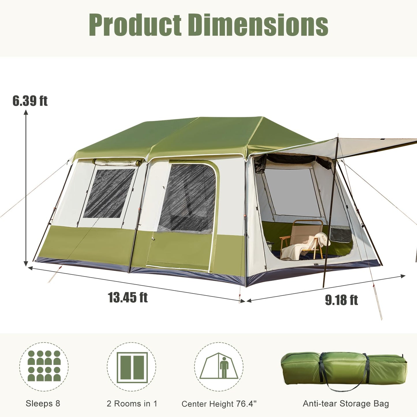 YOLENY Instant Cabin Tent, 4-8 Person Pop-Up Tent for Camping, Spacious Interior-14' x 9', 3000mm Water-Resistant with Rainfly, 2 Windows & 4 Doors, Green