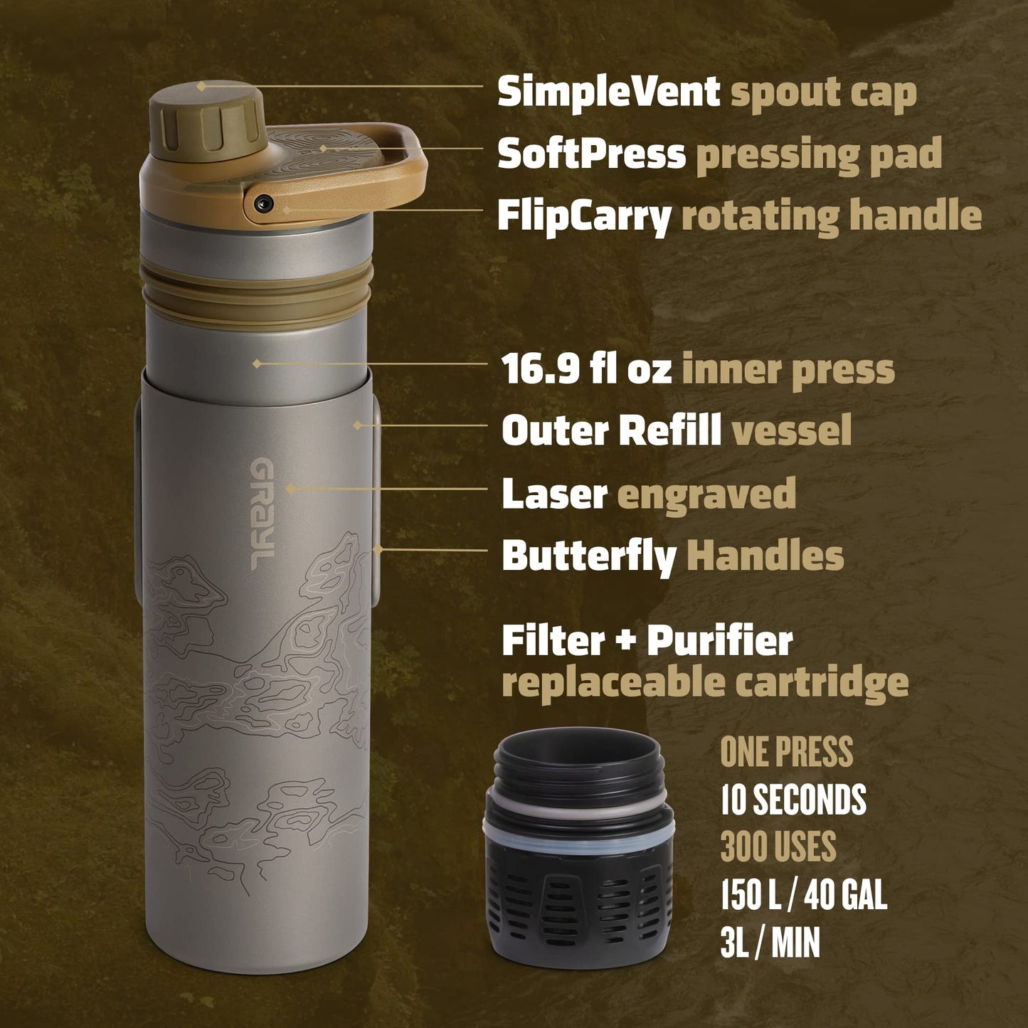 GRAYL UltraPress Titanium 16.9 oz Water Purifier & Filter Bottle for Hiking, Backpacking, Survival, Bushcraft, Travel (Coyote Brown)