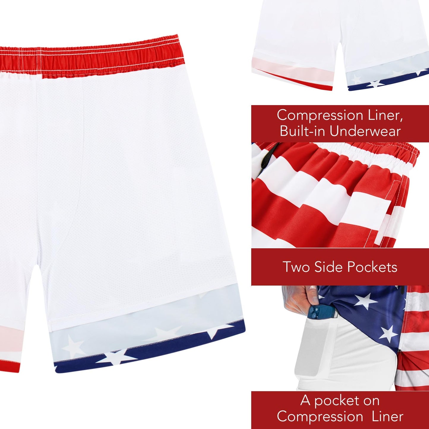 ALISISTER Men American Flag Swim Trunks Compression Liner 4th of July Board Shorts USA Independence Day Boardshorts Swimsuits Swimwear 7 Inch