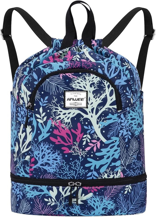 Dry Wet Drawstring Backpack with Shoe Compartment for Women Adjustable Gym Bag