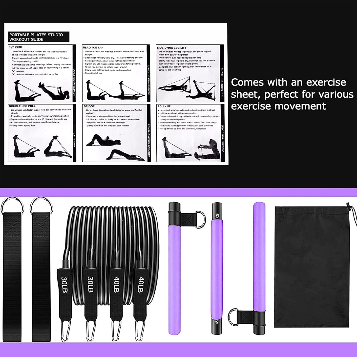 Pilates Bar Kit with Resistance Bands(4 x Bands),3-Section Pilates Bar with Stackable Bands Workout Equipment for Legs,Hip,Waist and Arm,Adjustable Pilates Flexbands Kit Home Gym Yoga Pilates Purple