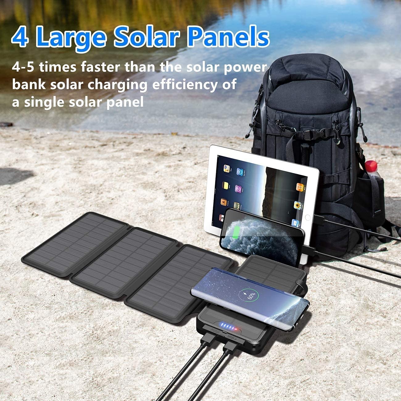 QiSa Solar Charger 38800mAh Power Bank with Dual 5V3.1A Outputs 10W Qi Wireless Charger Waterproof Built-in Solar Panel and Bright Flashlights