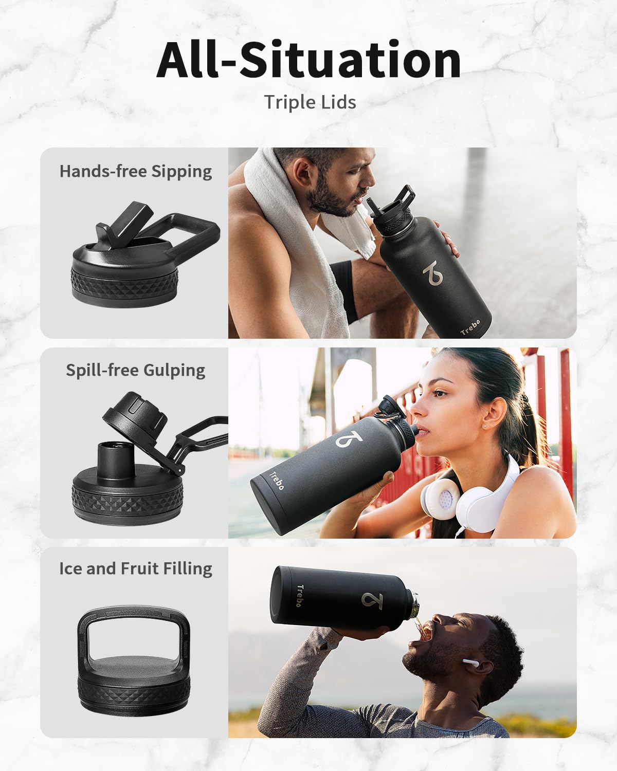 Trebo Water Bottle 87oz with Paracord Handle, Half Gallon Food-grade Double Wall Vacuum Stainless Steel Insulated Jug with Straw Spout Handle Lids, Leakproof Keep Cold & Hot,Black