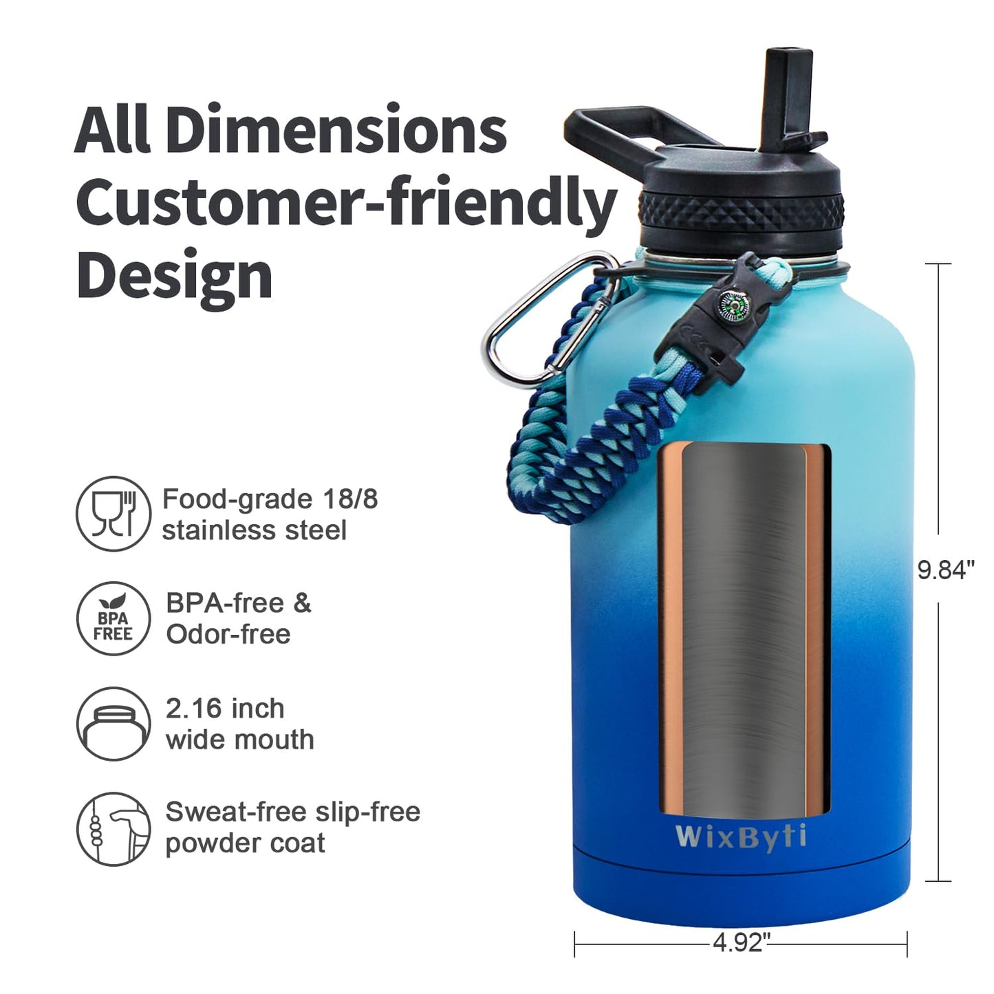 WixByti 64 oz Insulated Water Bottle with Straw (Cold for 48 Hrs), Half Gallon Stainless Steel Triple Wall Vacuum Sports Water Jug, Leakproof Hydro Cup Flask with Straw Spout Lids & DIY Stickers