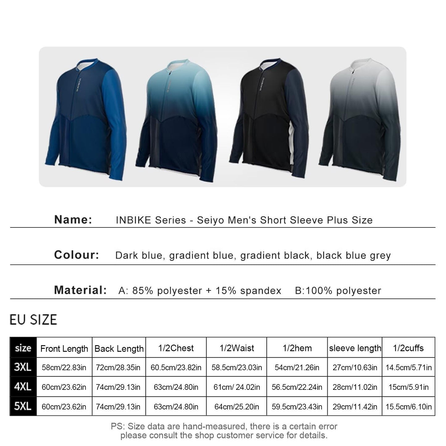 INBIKE Plus Size Cycling Jersey Men 3XL-5XL Bike Shirt for Big and Tall Short Long Sleeve Biking Clothing with Pockets