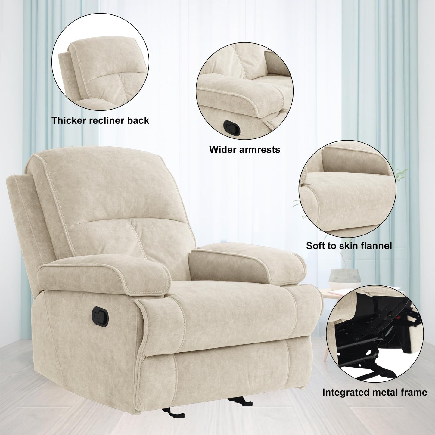 KeyEnergy Rocker Recliner Chair for Adults, Manual Glider Chair for Nursery, Reclining Single Sofa Chair for Living Room, Upholstered Fabric Armchair, High Back, Deep Seat, Beige
