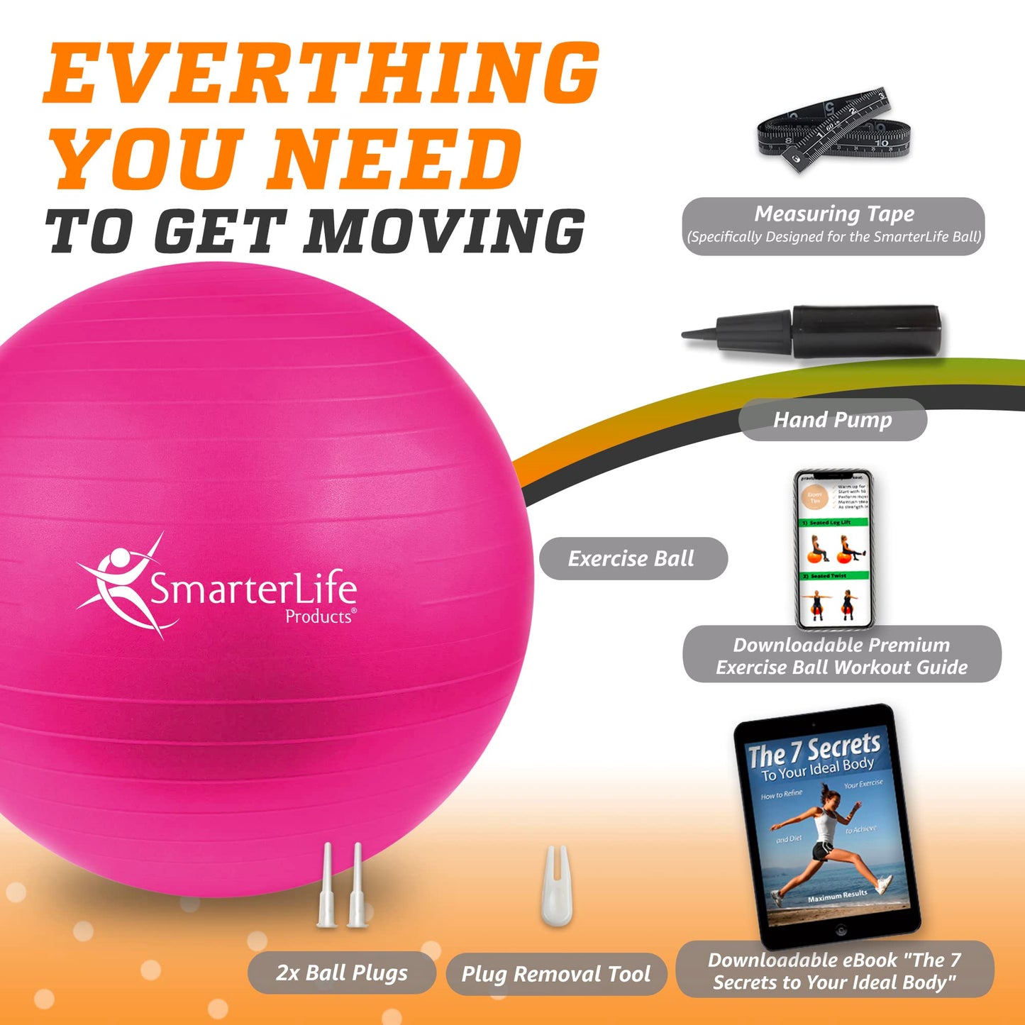 SmarterLife Workout Exercise Ball for Fitness, Yoga, Balance, Stability, or Birthing, Great as Yoga Ball Chair for Office or Exercise Gym Equipment for Home, Non-Slip Design (45 cm, Fuchsia)