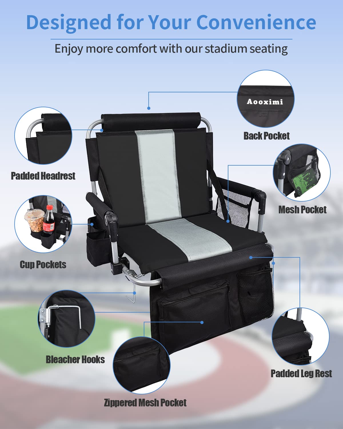 AOOXIMI Stadium Seats for Bleachers with Back Support, Bleacher Seats with Backs and Cushion Wide, Stadium Chairs with Cup Holders, Mesh Bags and Hide Hooks, for Basketball and Football Bench Seats