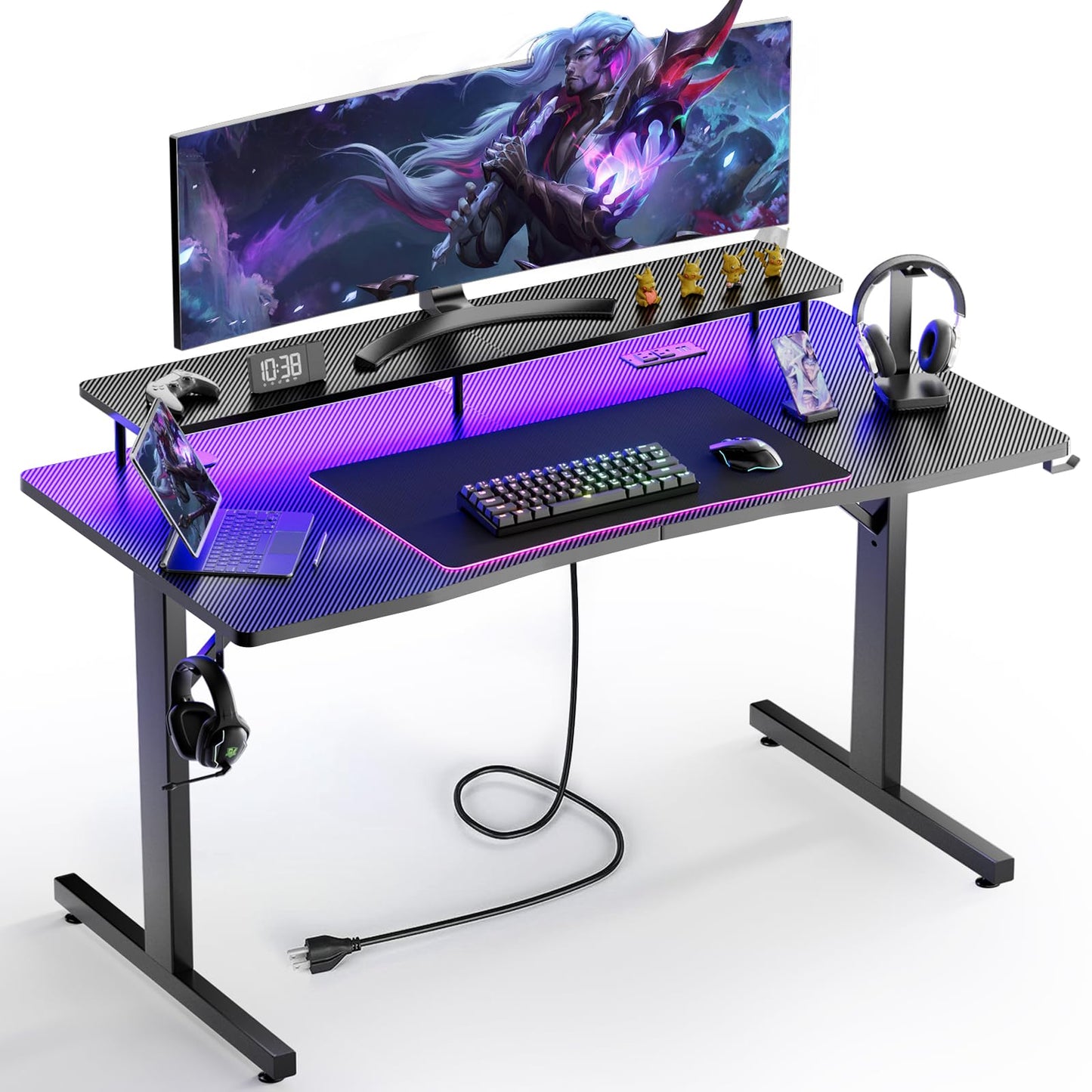 GTRACING 55 Inch Gaming Desk with LED Lights & Power Outlet, Computer Gamer Desk with Monitor Stand, Ergonomic Carbon Fiber Gaming Table Home Office Desk with Headphone Hook & Mouse Pad