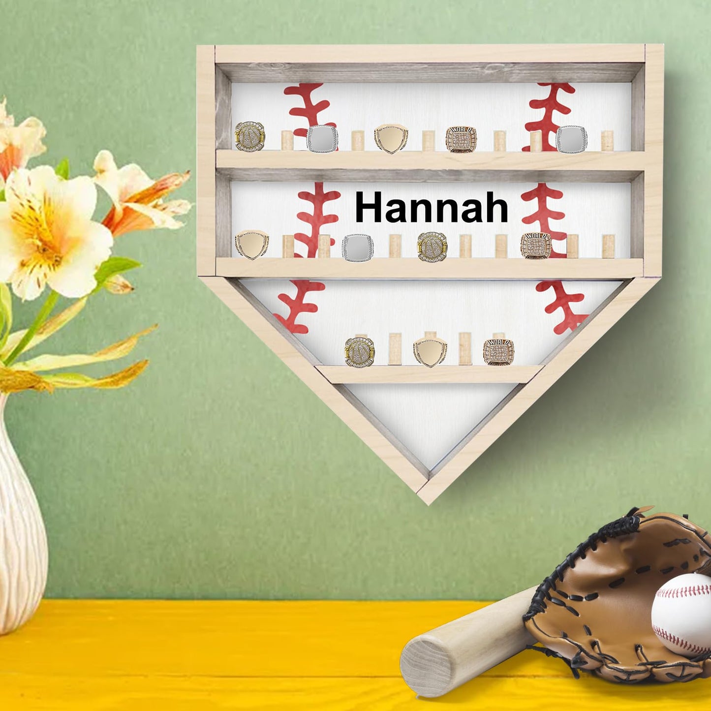 Personalized Baseball Ring Display Case Custom Name Number Wood Baseball Championship Ring Display Case Stand, Softball Ring Holder Display Wall Mount, Trophy & Medal Gift for Men Dad