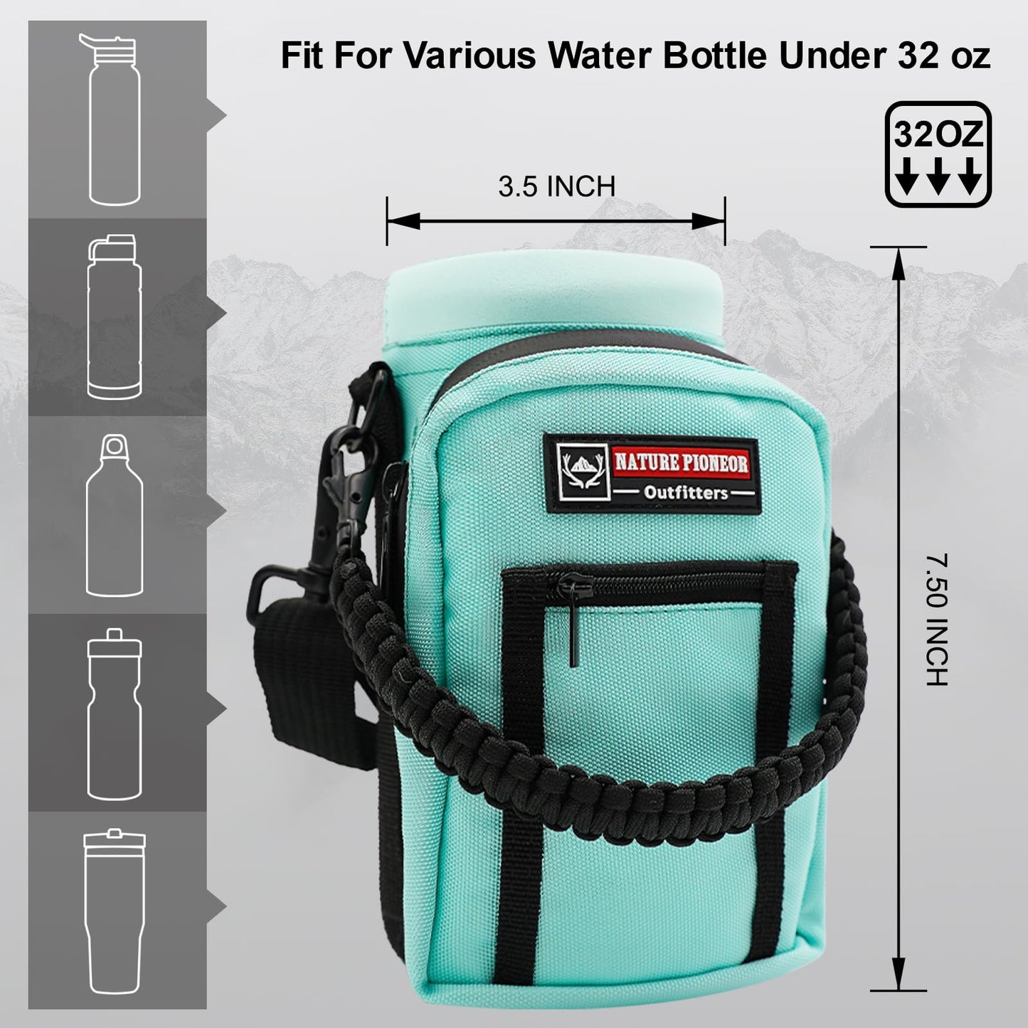 NATURE PIONEOR Insulated Water Bottle Holder with Shoulder Strap for 25 32 40 64 OZ Sports Water Jugs Bottles, Carrier/Pouch Sleeve for Outdoor Camping, Hiking,Gym