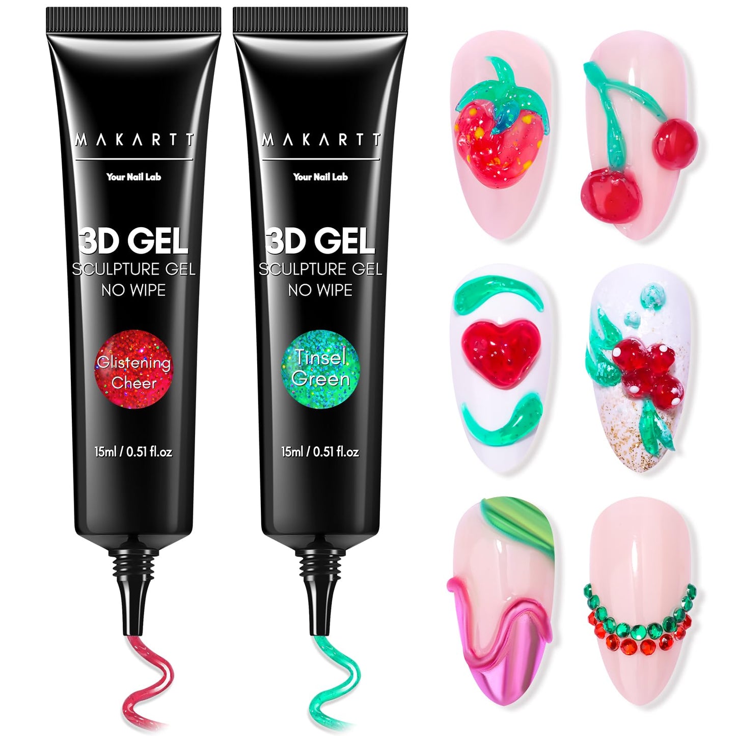 Makartt 3D Sculpting Gel for Nail Art Kit: 3D Nail Gel for Nail Art, 15ml No Wipe Polish for Molding Drawing, Embossed Gels for Nail DIY Manicure - Glistening Cheer & Tinsel Green (2PCS)