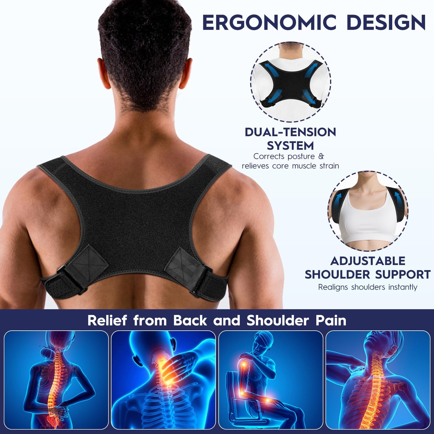 Aokyoo Back Brace Posture Corrector for Men and Women - Bionic System Newly Adjustable Upper Back Support Shoulder Posture Brace, Back Straightener Neck Pain Relief