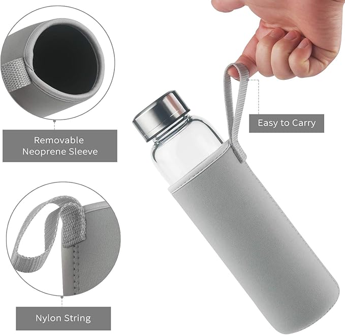 Borosilicate Glass Water Bottle, Sports Glass Drinking Bottle with Neoprene Sleeve and Stainless Steel Lid 16oz / 32oz (32oz, Tree Branche)