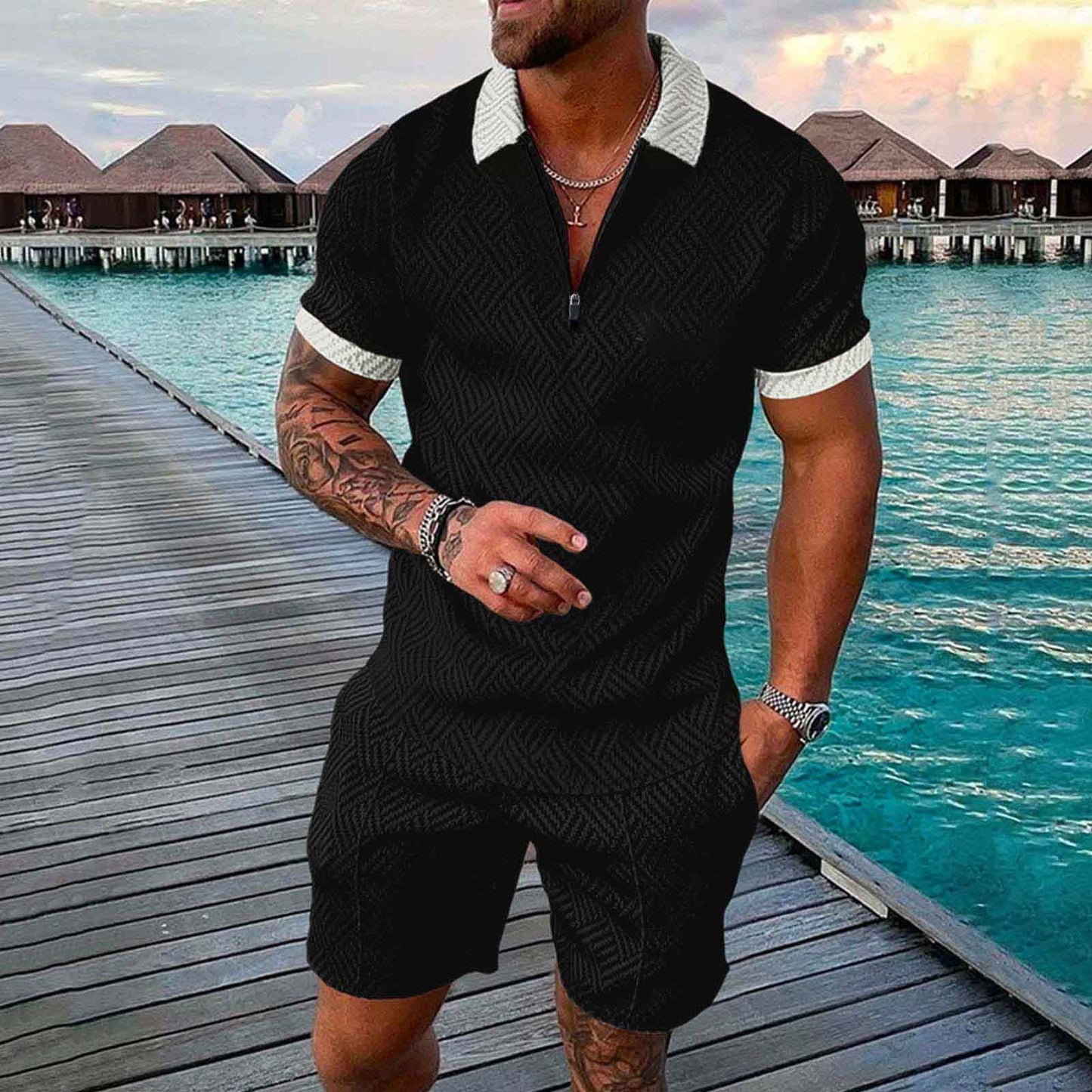 Generic Mens Short Sets 2 Piece Outfits Fashion Summer Tracksuits Casual Set Casual Matching Polo Shirts and Short Set, X-Large, #A02-black