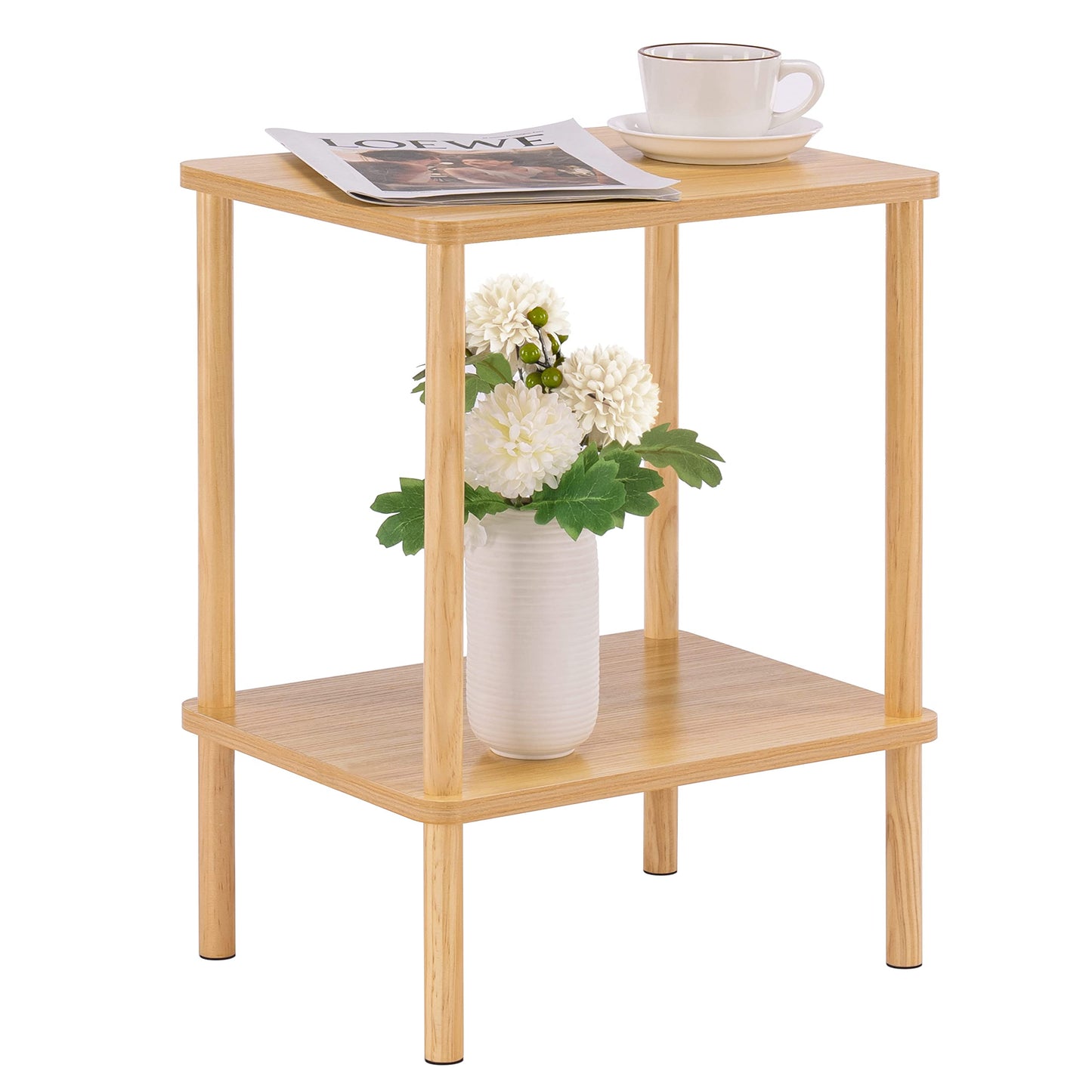Apicizon 2 Tier End Table, Small Side Table with Solid Wood Legs, Boho Bedside Table with Storage Shelf, Nightstand for Small Spaces, Bedroom, Living Room, Entryway, Farmhouse, Easy Assembly, Natural