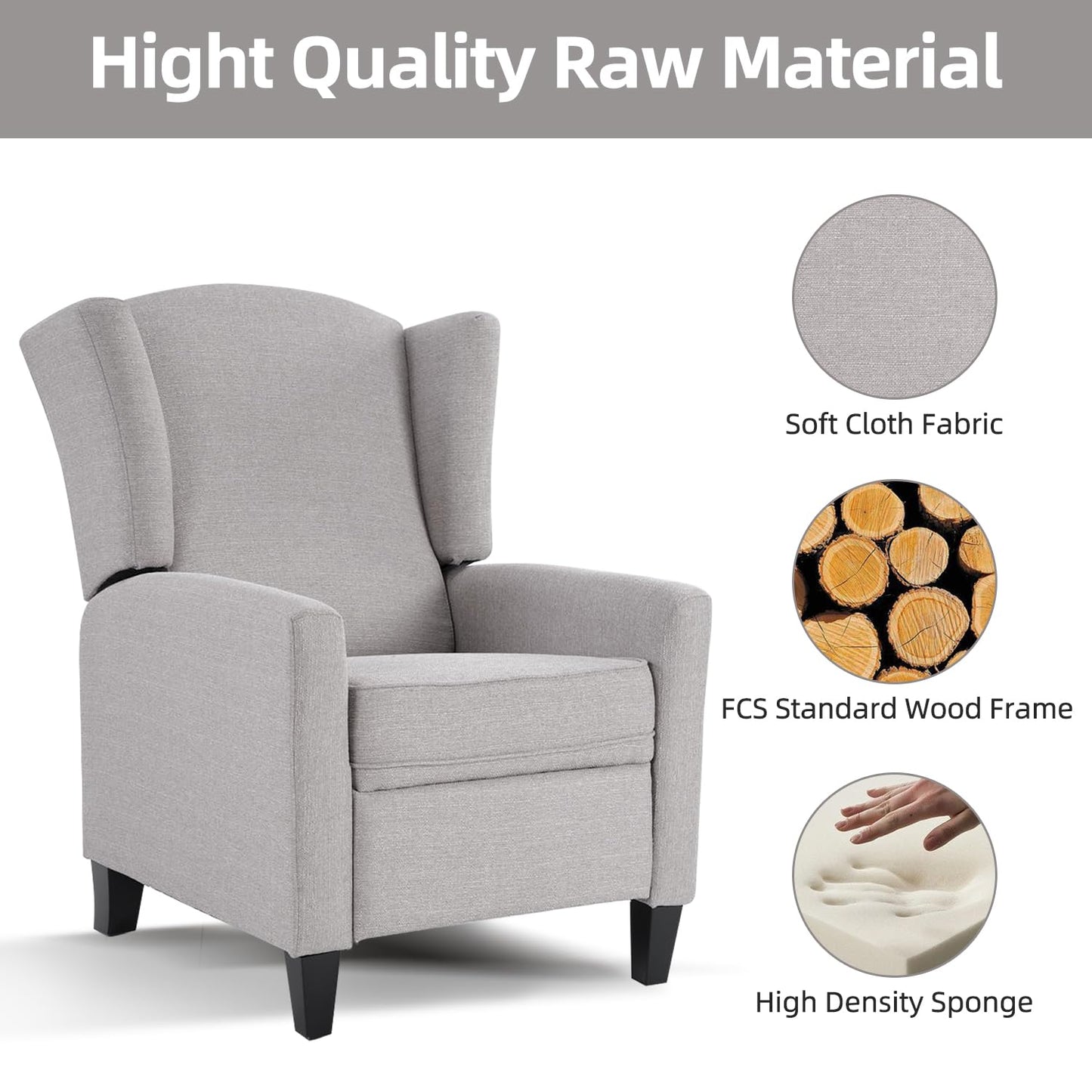 INZOY Wingback Pushback Recliner Chair Set of 2, Fabric Push Back Recliners with Padded Seat, Mid Century Modern Reclining Chair for Living Room Bedroom, Grey