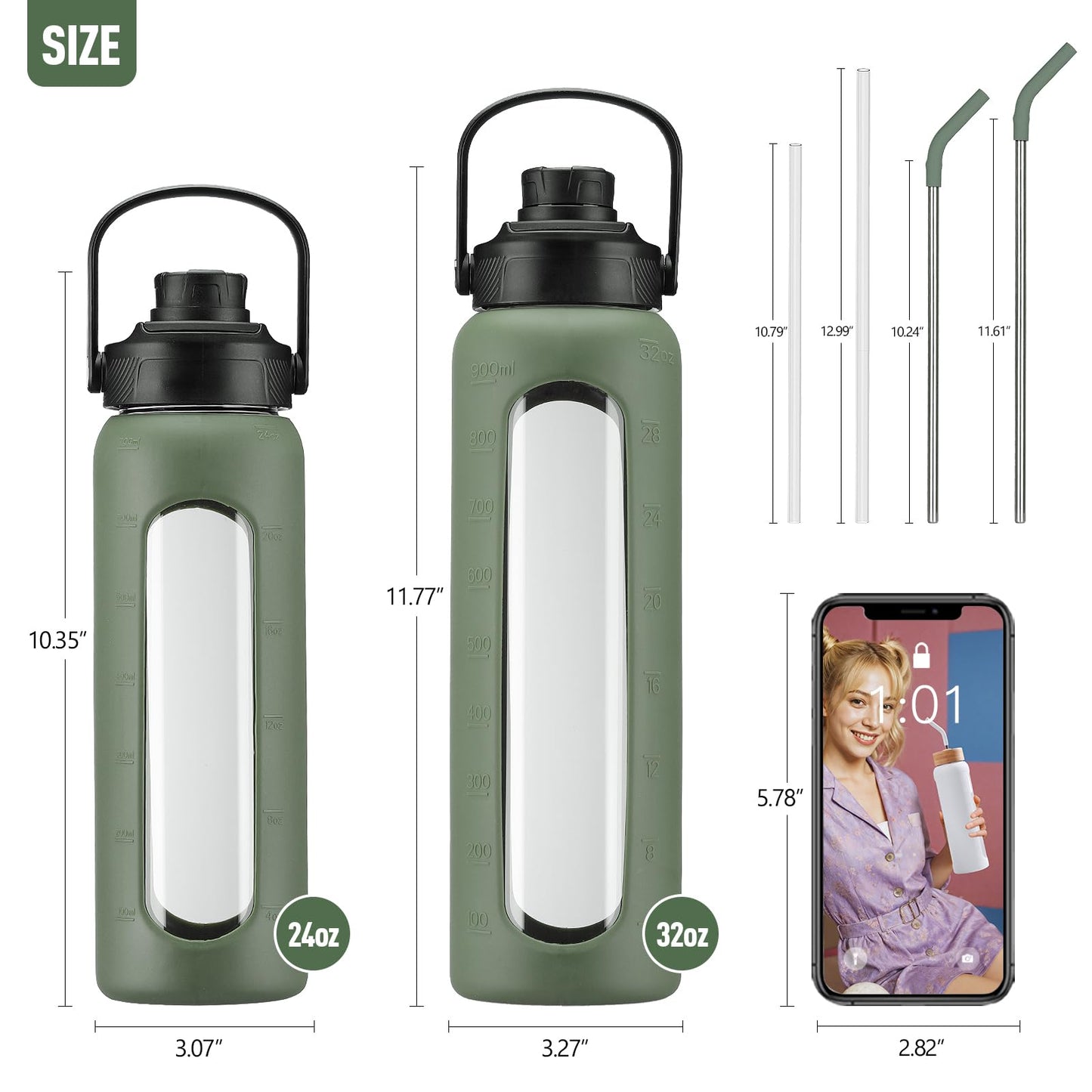 Kodrine Glass Water Bottles 32 oz Water Bottle with Straw, Sports Water Bottle with Handle, Clear Water Bottle with 2 lids Bamboo Lid and Spout Lid, Wide Mouth Water Bottle with Sleeve, Olive