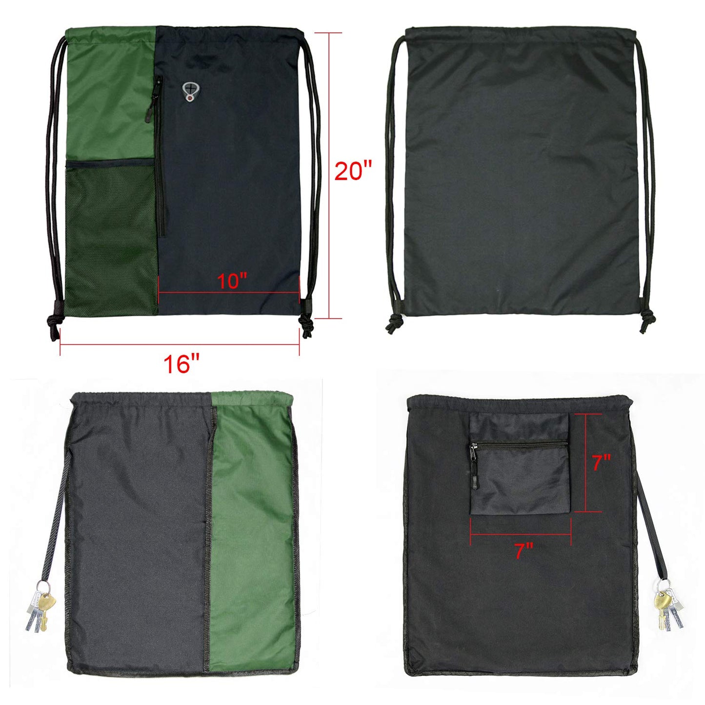 BeeGreen Green Drawstring Bag Sports Gym Backpack for Women Men Large Cinch Sackpack Day Pack with Zipper and Water Bottle Mesh Pockets (Black/Green)