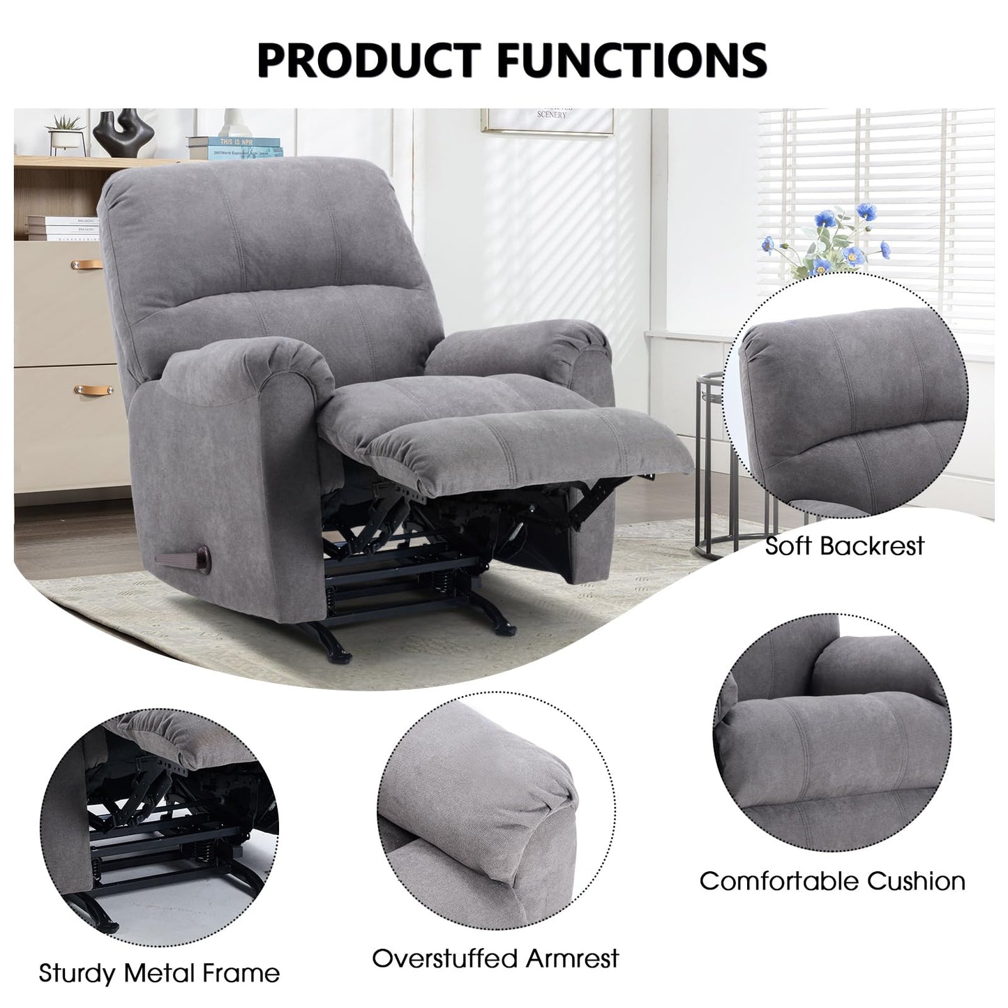 CANMOV Rocker Recliner Chair for Adults,Manual Recliner Chair with Overstuffed Backrest and Armrests, Soft Fabric Manual Rocking Reclining Sofa for Living Room,Grey