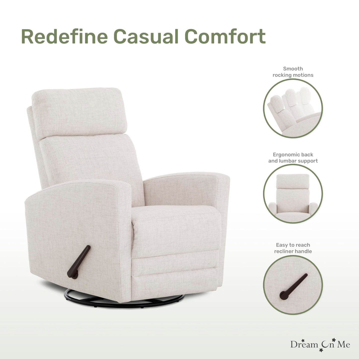 Dream On Me Chatham Basic Nursery Rocking Glider in Ecru, 360° Swivel Motion, FSC Certified, Greenguard Gold & JPMA Certified Nursery Glider, Three Rocking Modes Nursery Glider Recliner