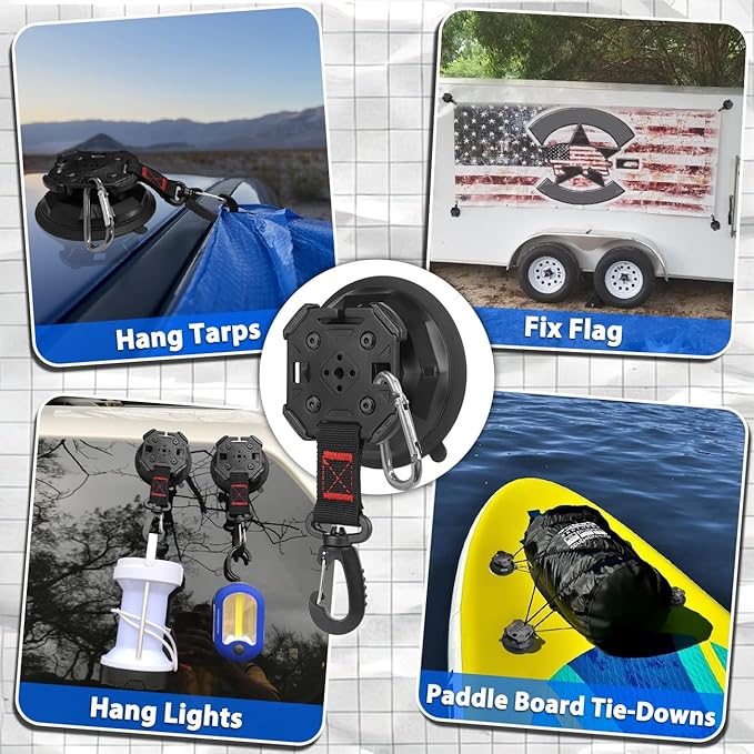 2PCS Upgrade Heavy Duty Rotating Vacuum Suction Cups Anchor Hooks With 2PCS Buckles ,Large Hook Suction Cup Hangers,Strong Suction Cup Hook for RV Awning Camping Outdoor,Window Suction Cups With Hook