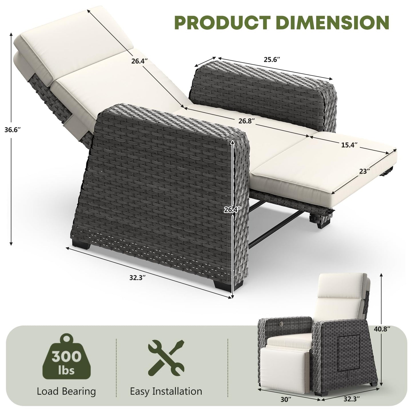 Set of 2 Outdoor Patio Reclining Chairs with 150° Lay-Flat Position, Extended Footrest, Flip-Up Side Table & Removable Beige Cushions - Wicker Recliners