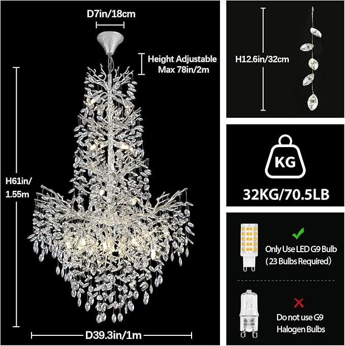 H61'' Silver Crystal High Ceilings Chandelier Staircase Chandeliers Modern Crystal Tree Branch Chandelier, D40'' Foyer Chandelier for High Ceiling Luxury Large Living Room Chandelier, 23-Lights