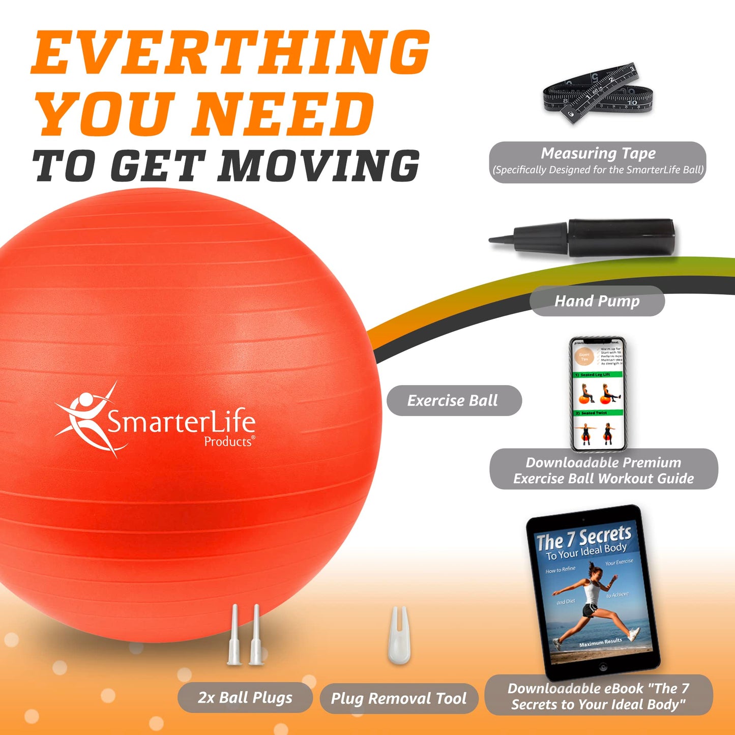 SmarterLife Workout Exercise Ball for Fitness, Yoga, Balance, Stability, or Birthing, Great as Yoga Ball Chair for Office or Exercise Gym Equipment for Home, Non-Slip Design (45 cm, Orange)