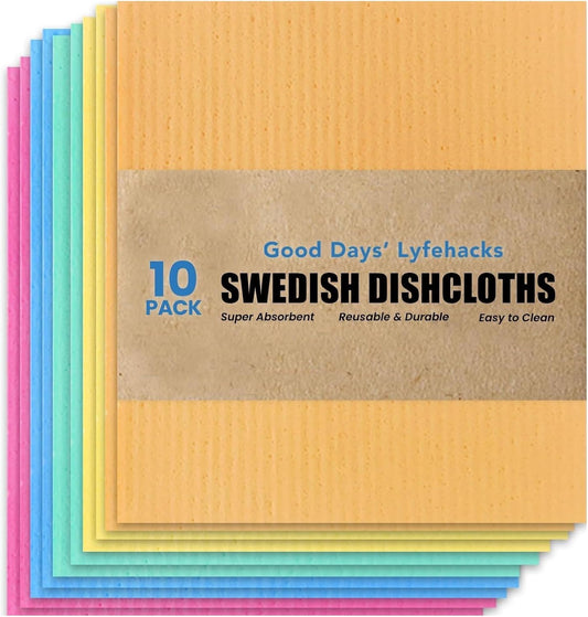 Good Days' Lyfehacks Swedish Dishcloths Pack of 10 – Biodegradable Cleaning Sponge Cloth – Highly Absorbent, Long-Lasting & Reusable Dishcloths for Kitchen – Sustainable & Hygienic for All Surfaces