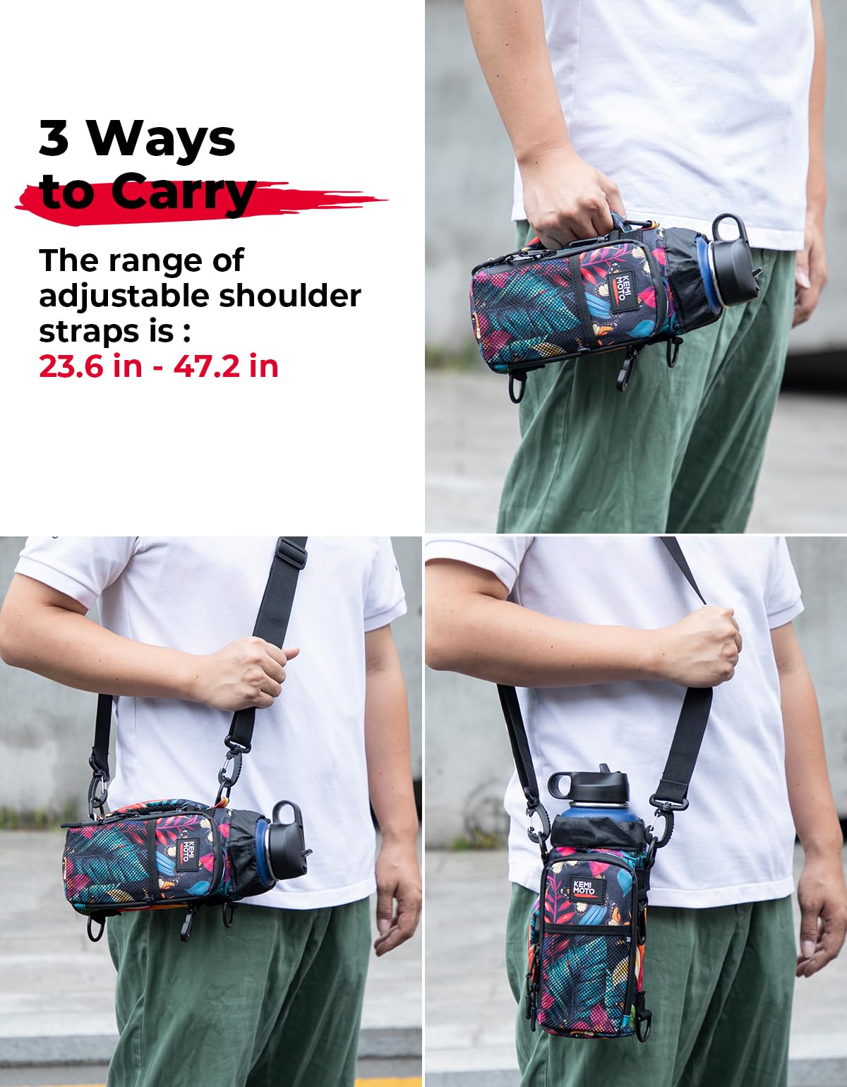 KEMIMOTO Water Bottle Holder Bag, Water Bottle Carrier with Adjustable Shoulder Strap, Water Bottle Pouch Holder for Hiking, Camping, Fishing, Compatible with YETI Stanley SLM 32 oz, 40 oz, 64 oz