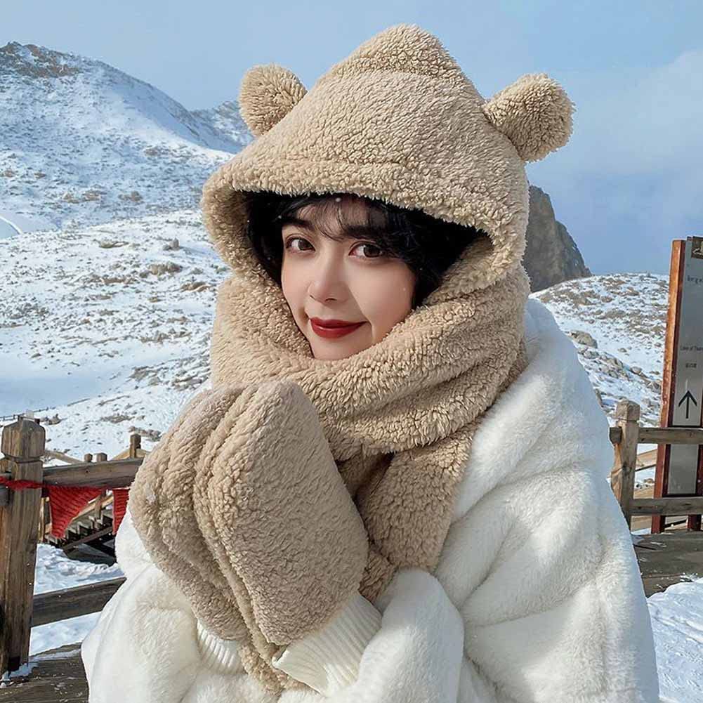 AIYUENCICI Winter Hoodie Hat Scarf Gloves Set, 3 in 1 Warm Plush Coral Fleece Animal Hats, Cute Ear Beanie Caps Stylish Thick Slouchy Soft Snow Hat for Women Girl Skiing Christmas Gift(Beige)