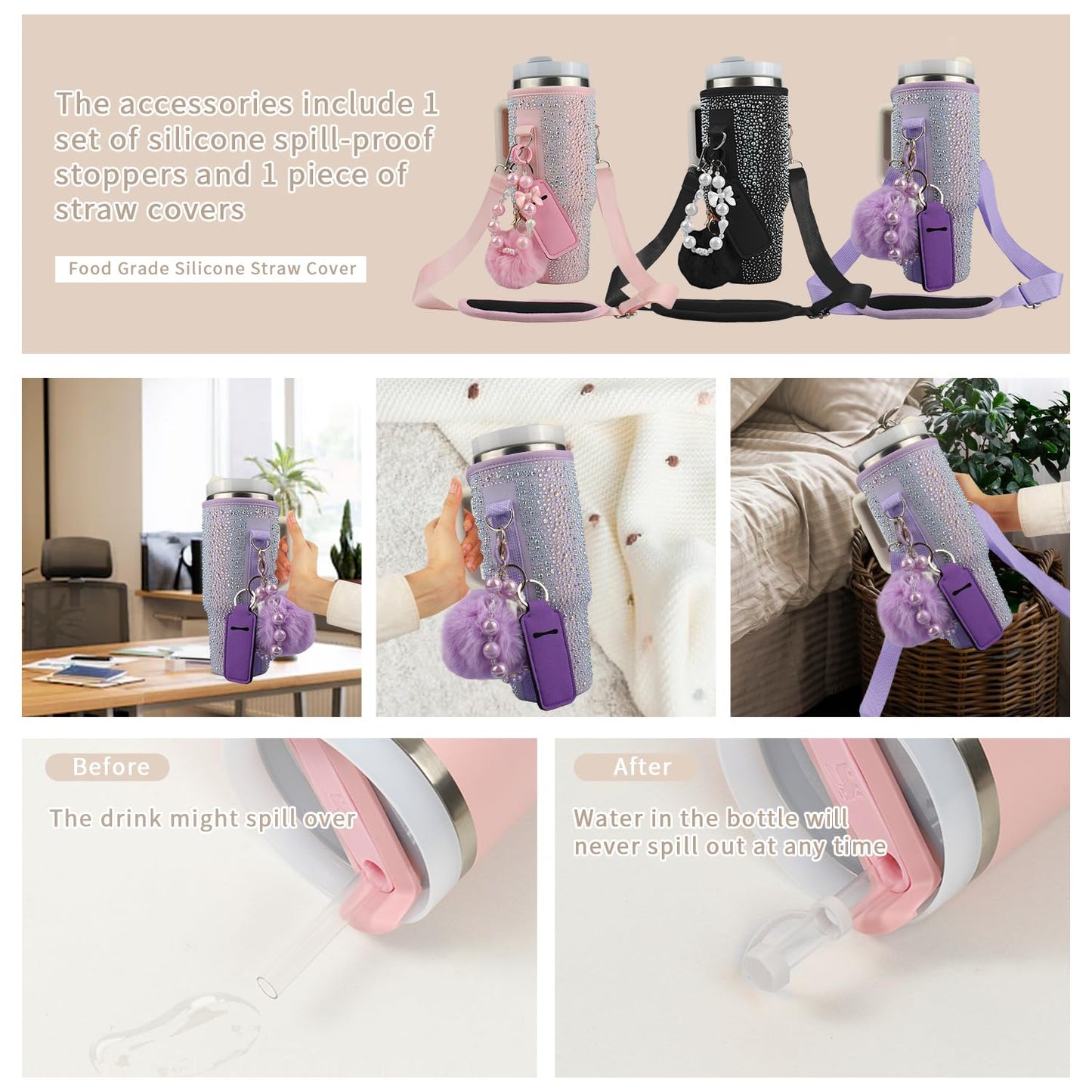 Water Bottle Carrier Bag for Stanley 40oz Tumbler - Stanley Cup Bag with Adjustable Strap, Straw Cover & Pompom Keychains - Stanley Cup Accessories, Purple Diamond