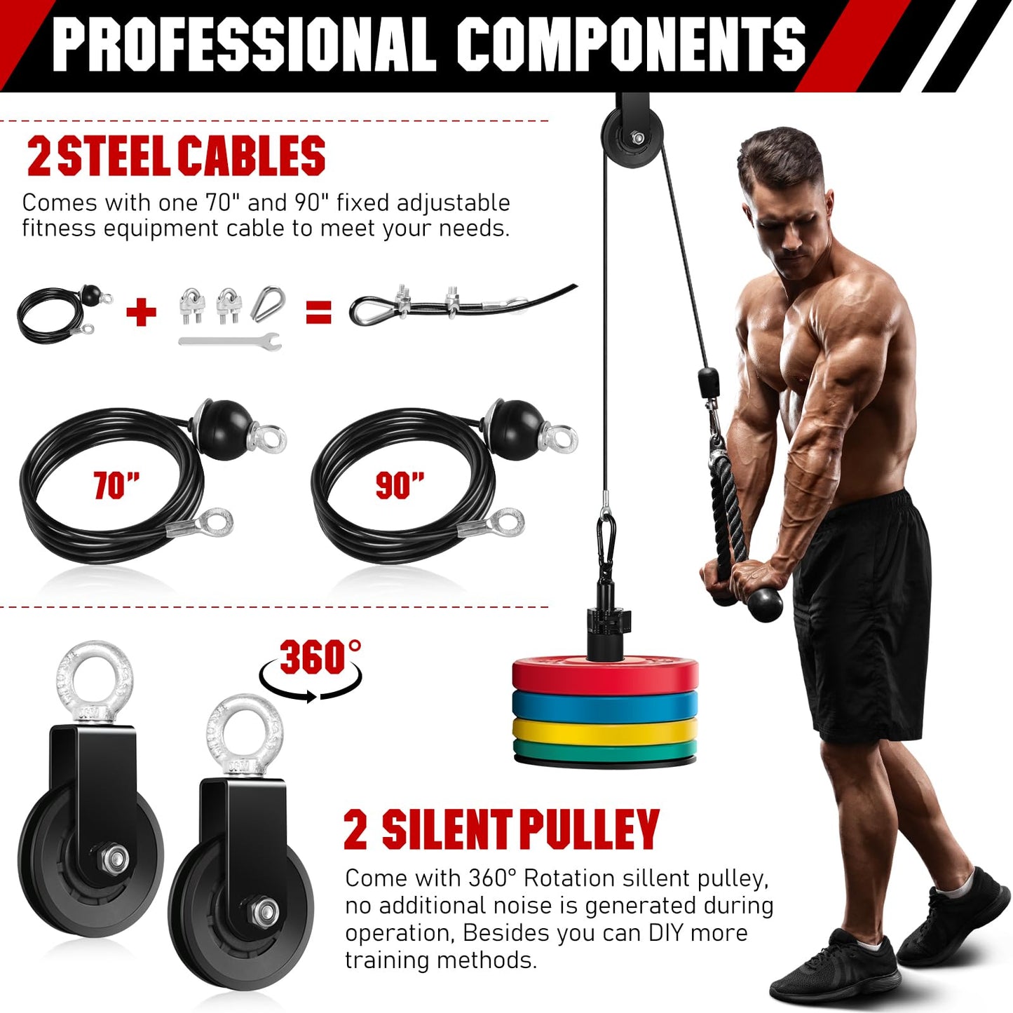 RENRANRING Weight Cable Pulley System Gym, Upgraded Cable Pulley Attachments for Gym LAT Pull Down, Biceps Curl, Tricep, Arm Workouts - Weight Pulley System Home Gym Add On Equipment