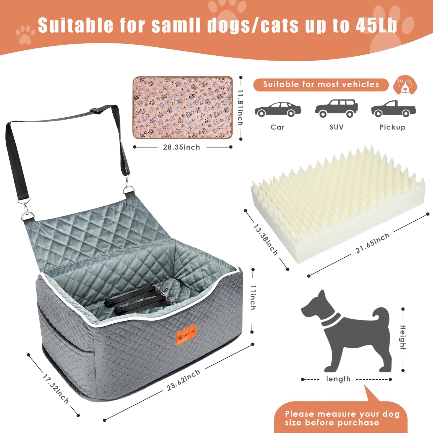 AlfaTok Memory Foam Booster Dog Car Seat for Medium Dogs Under 45 LBS, Elevated Pet Car Seat with Detachable Washable Cover, Anti-Slip Sturdy Dog Booster Seat with Seat Belt for Back Seat Travel
