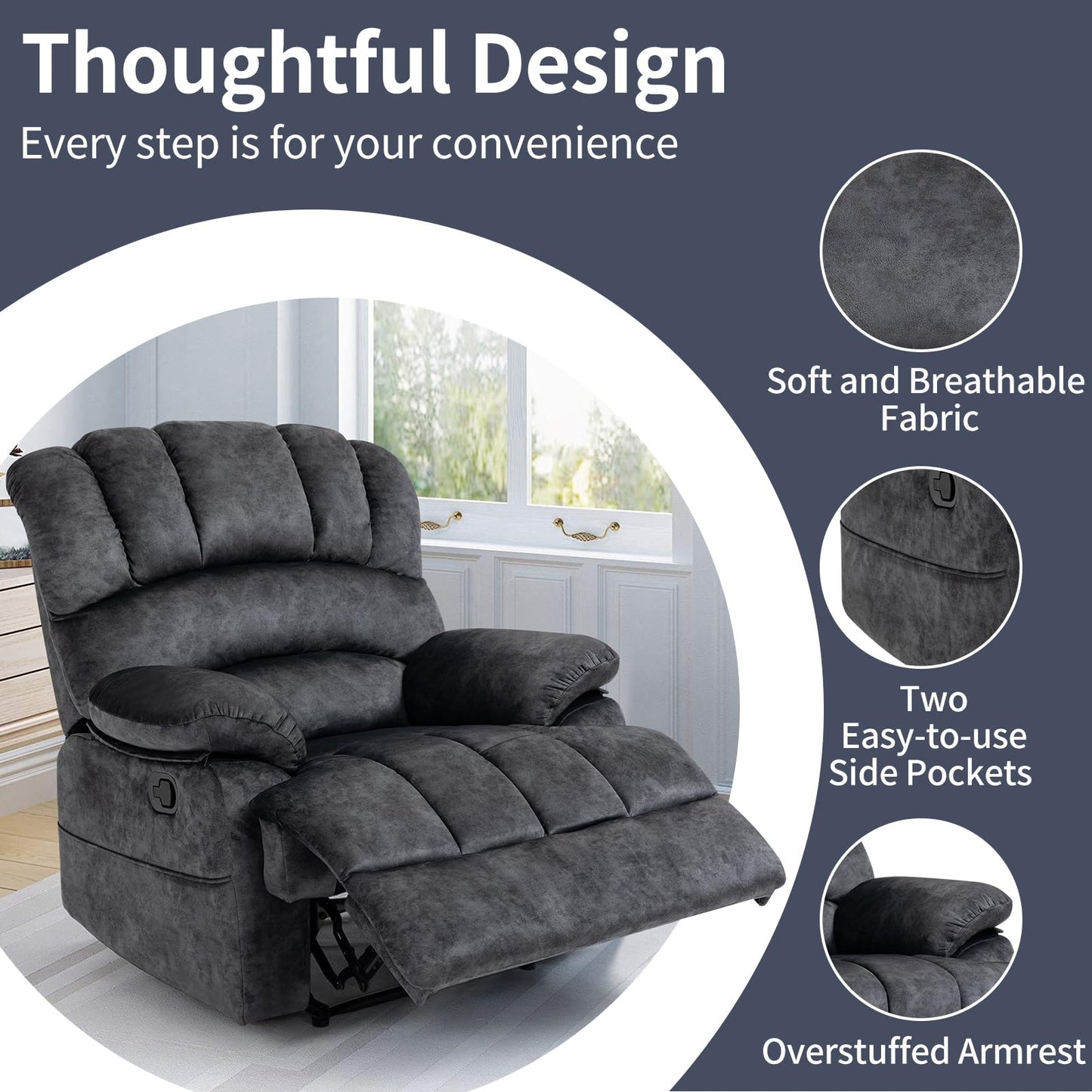 EZZUP Large Recliner, 23" Wide Seat, A Recliner with Three Position, Recliner Chair Oversized with Two Side Pockets, Dark Gray
