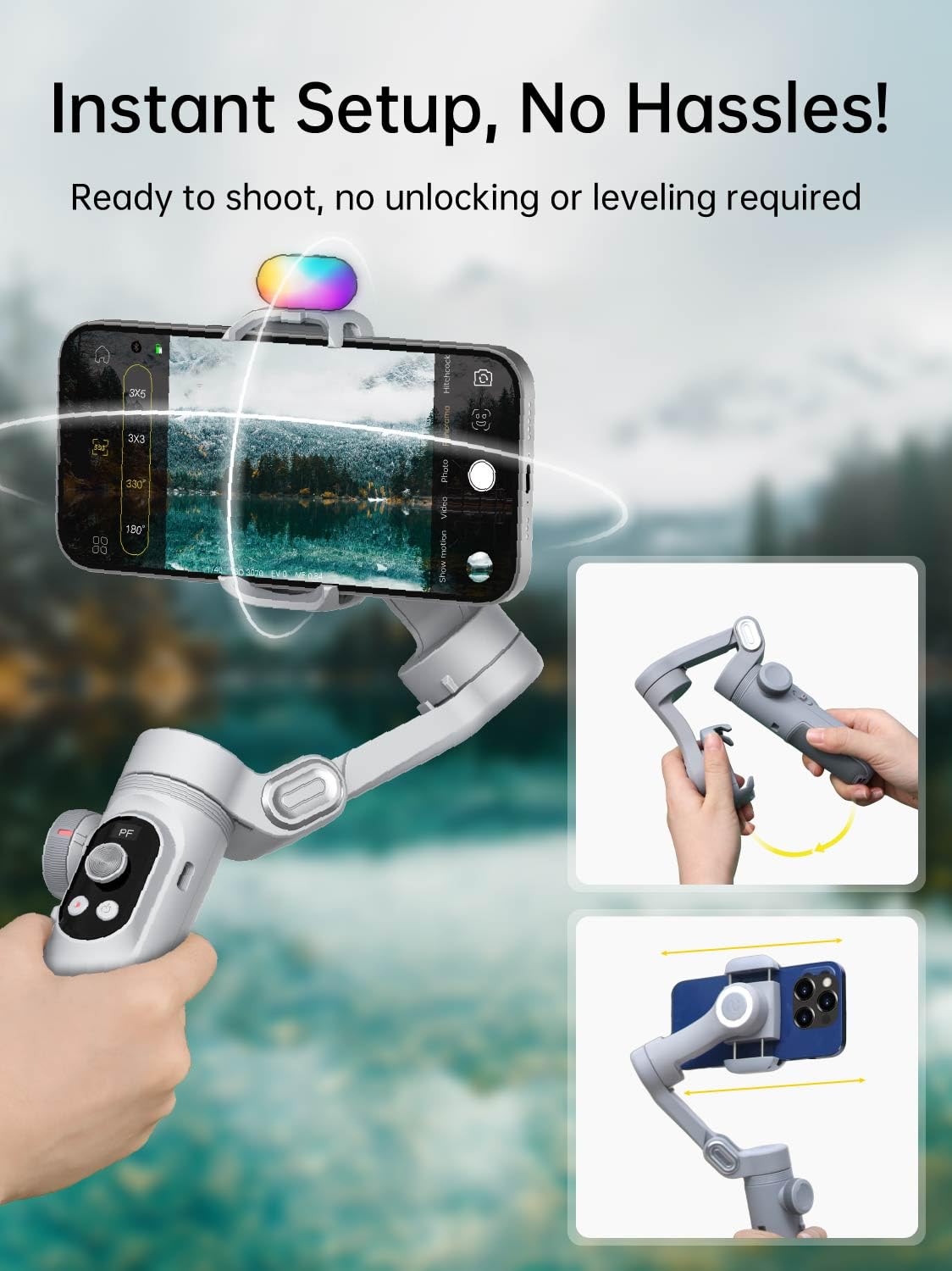 AOCHUAN iPhone Gimbal, 3-Axis Gimbal Stabilizer for Smartphone w/RGB Magnetic Fill Light Portable with Fous/Zoom Wheel for Vlog, Compatible with iPhone 15 Pro Max/Android-Smart X Pro Kit Gray