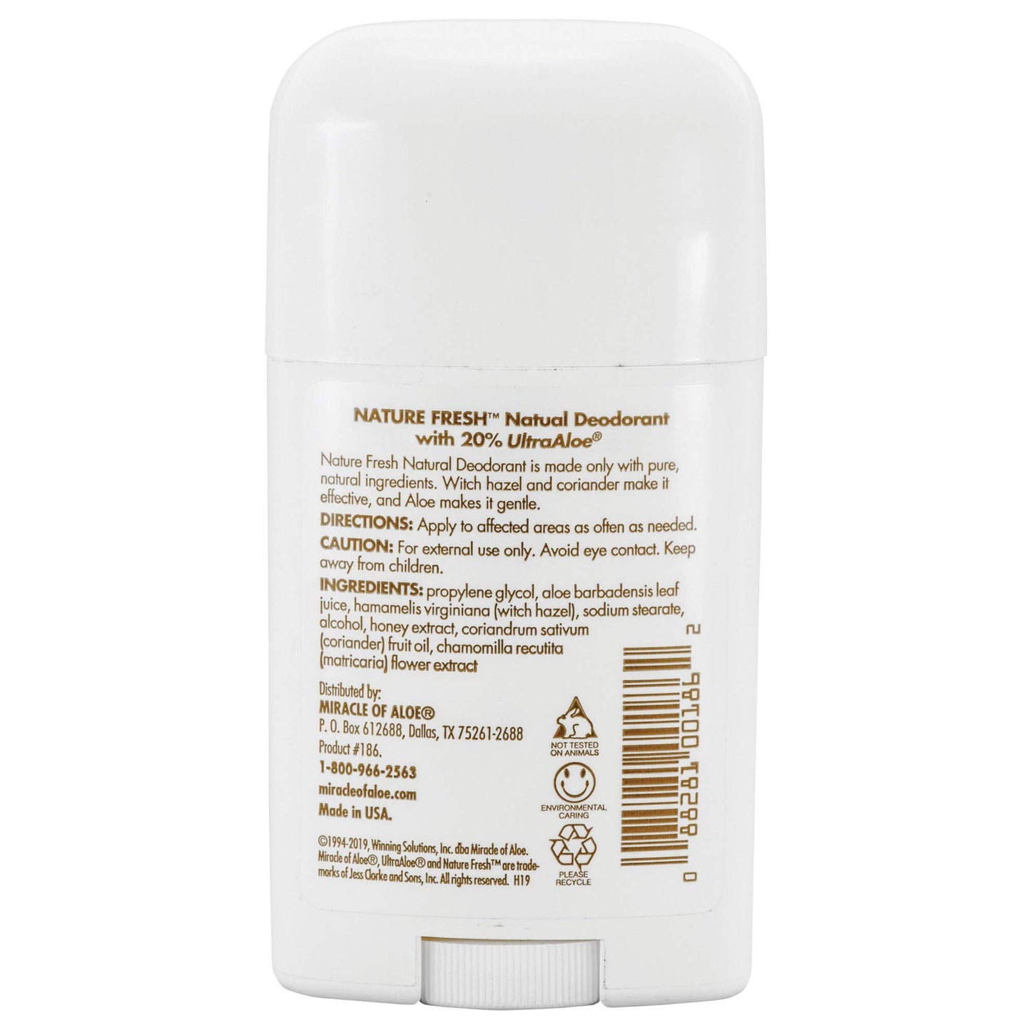 Miracle of Aloe's Nature Fresh Deodorant for Women or Men- Natural Formula W/No Aluminum or Harsh Chemicals- Long-Lasting Odor Control, Unscented 20% Pure UltraAloe Aloe Vera Gel, Cruelty-Free (1.5oz)