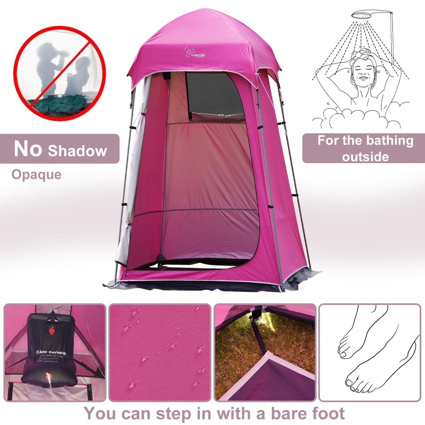 Vidalido Outdoor Camping Shower Tent Easy Setup Changing Room Portable Camp Shower Tents for Camping with Floor, Waterproof Privacy Shelters Toilet Tent (Pink)